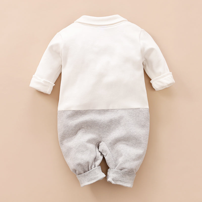 100% Cotton Color Block Lapel Collar Bow Tie Decor Faux-two Long-sleeve Baby Jumpsuit