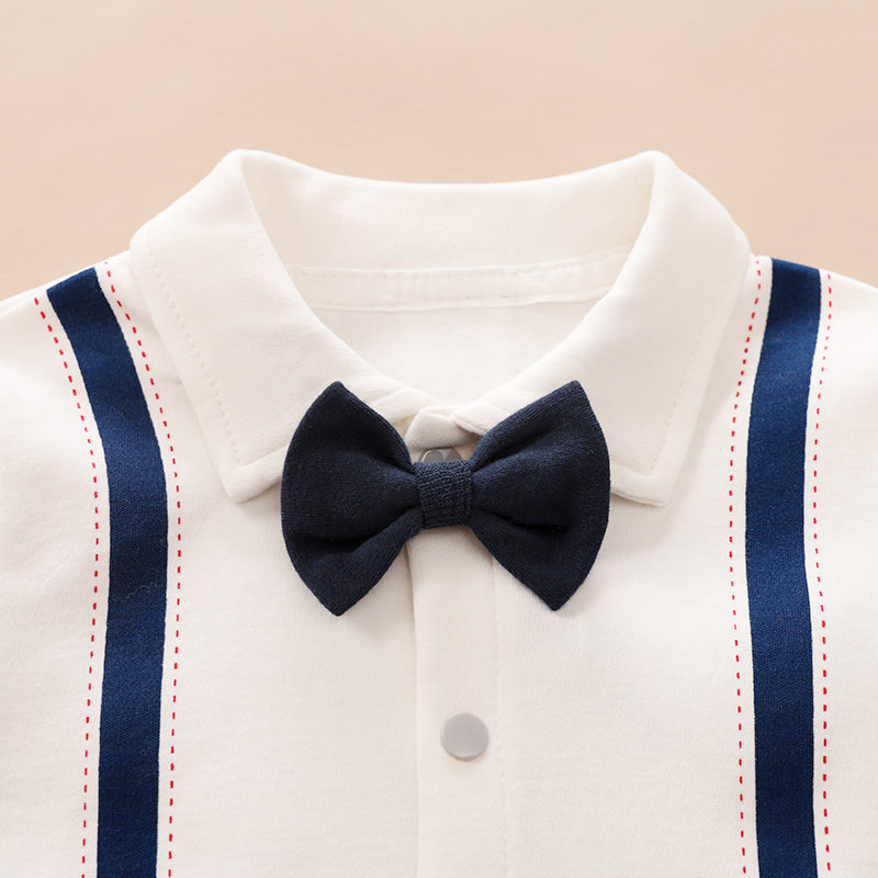 100% Cotton Color Block Lapel Collar Bow Tie Decor Faux-two Long-sleeve Baby Jumpsuit