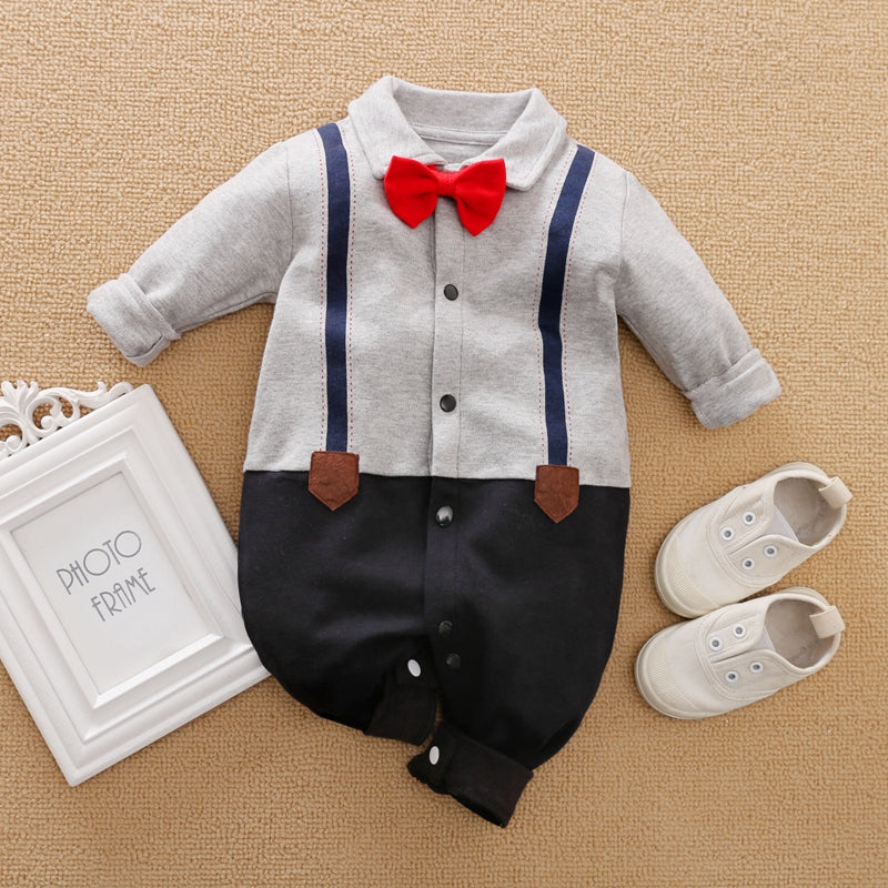 100% Cotton Color Block Lapel Collar Bow Tie Decor Faux-two Long-sleeve Baby Jumpsuit