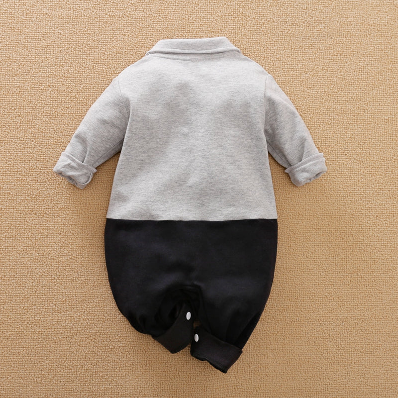 100% Cotton Color Block Lapel Collar Bow Tie Decor Faux-two Long-sleeve Baby Jumpsuit