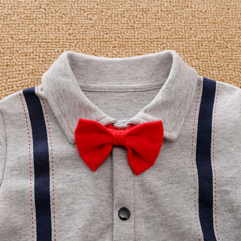 100% Cotton Color Block Lapel Collar Bow Tie Decor Faux-two Long-sleeve Baby Jumpsuit