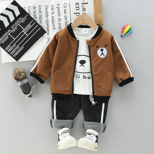 3-piece Toddler Boy Letter Bear Print White Long-sleeve T-shirt, Bomber Jacket and Elasticized Pants Set