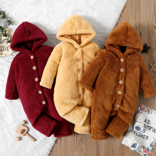 Baby Girl/Boy Solid Thickened Fuzzy Fleece Long-sleeve Hooded Jumpsuit