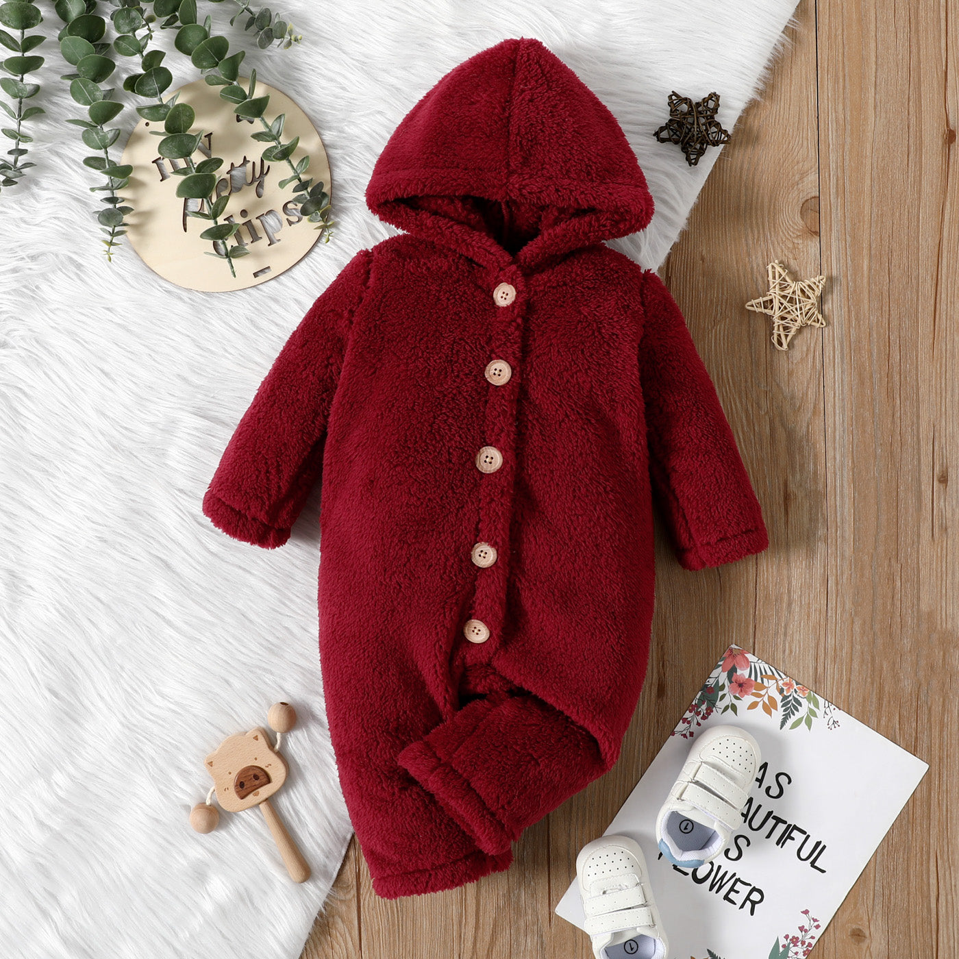 Baby Girl/Boy Solid Thickened Fuzzy Fleece Long-sleeve Hooded Jumpsuit