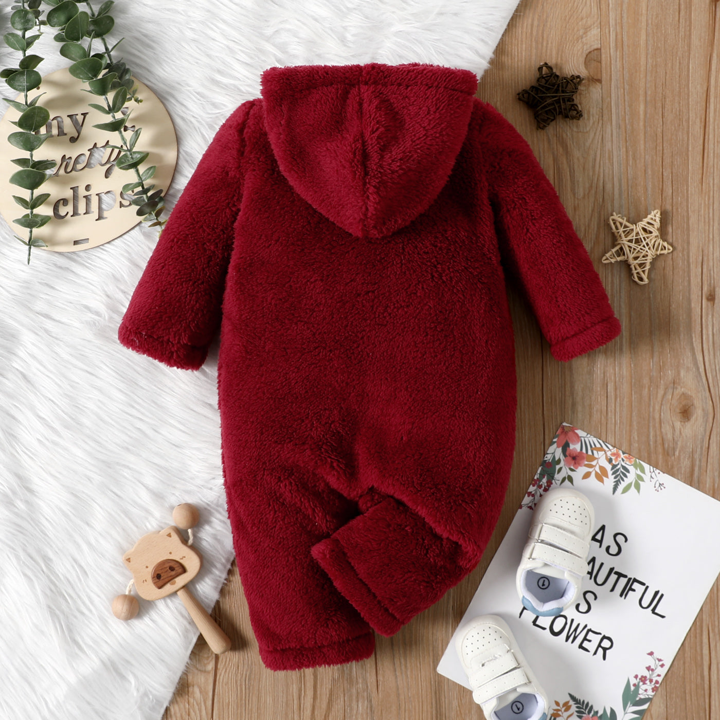 Baby Girl/Boy Solid Thickened Fuzzy Fleece Long-sleeve Hooded Jumpsuit