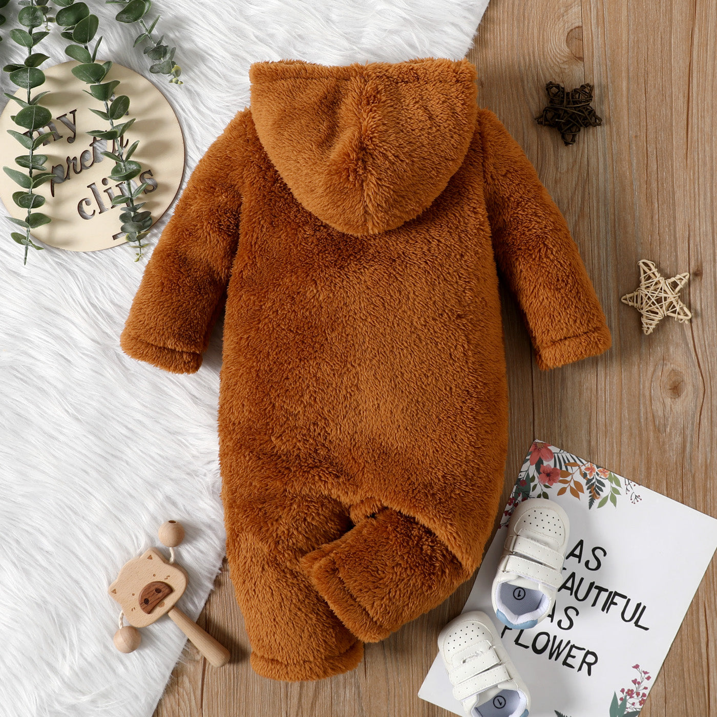 Baby Girl/Boy Solid Thickened Fuzzy Fleece Long-sleeve Hooded Jumpsuit