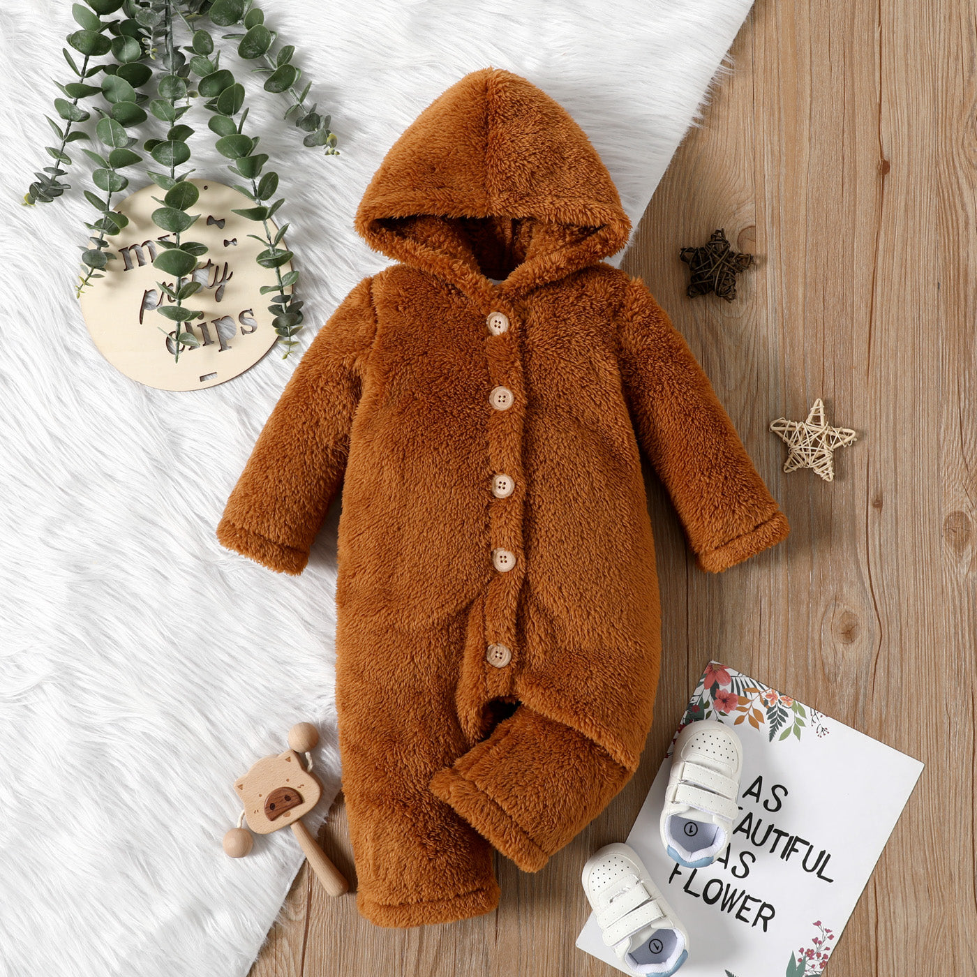 Baby Girl/Boy Solid Thickened Fuzzy Fleece Long-sleeve Hooded Jumpsuit