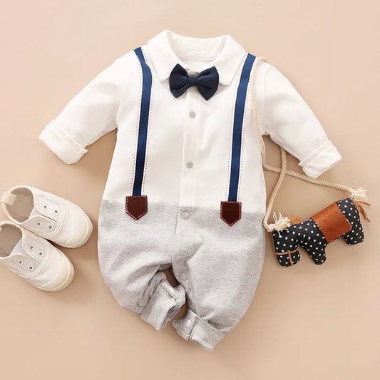 100% Cotton Color Block Lapel Collar Bow Tie Decor Faux-two Long-sleeve Baby Jumpsuit