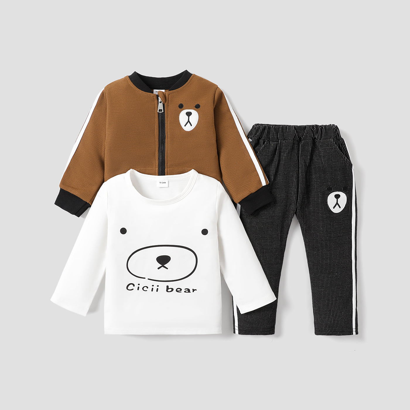 3-piece Toddler Boy Letter Bear Print White Long-sleeve T-shirt, Bomber Jacket and Elasticized Pants Set