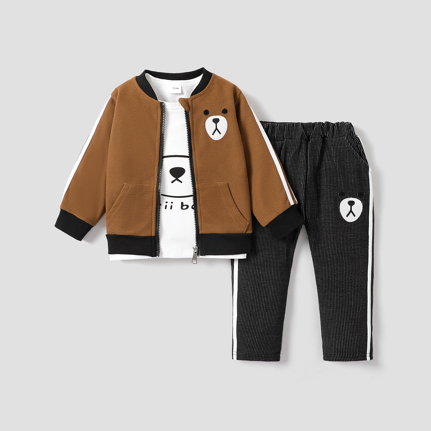 3-piece Toddler Boy Letter Bear Print White Long-sleeve T-shirt, Bomber Jacket and Elasticized Pants Set