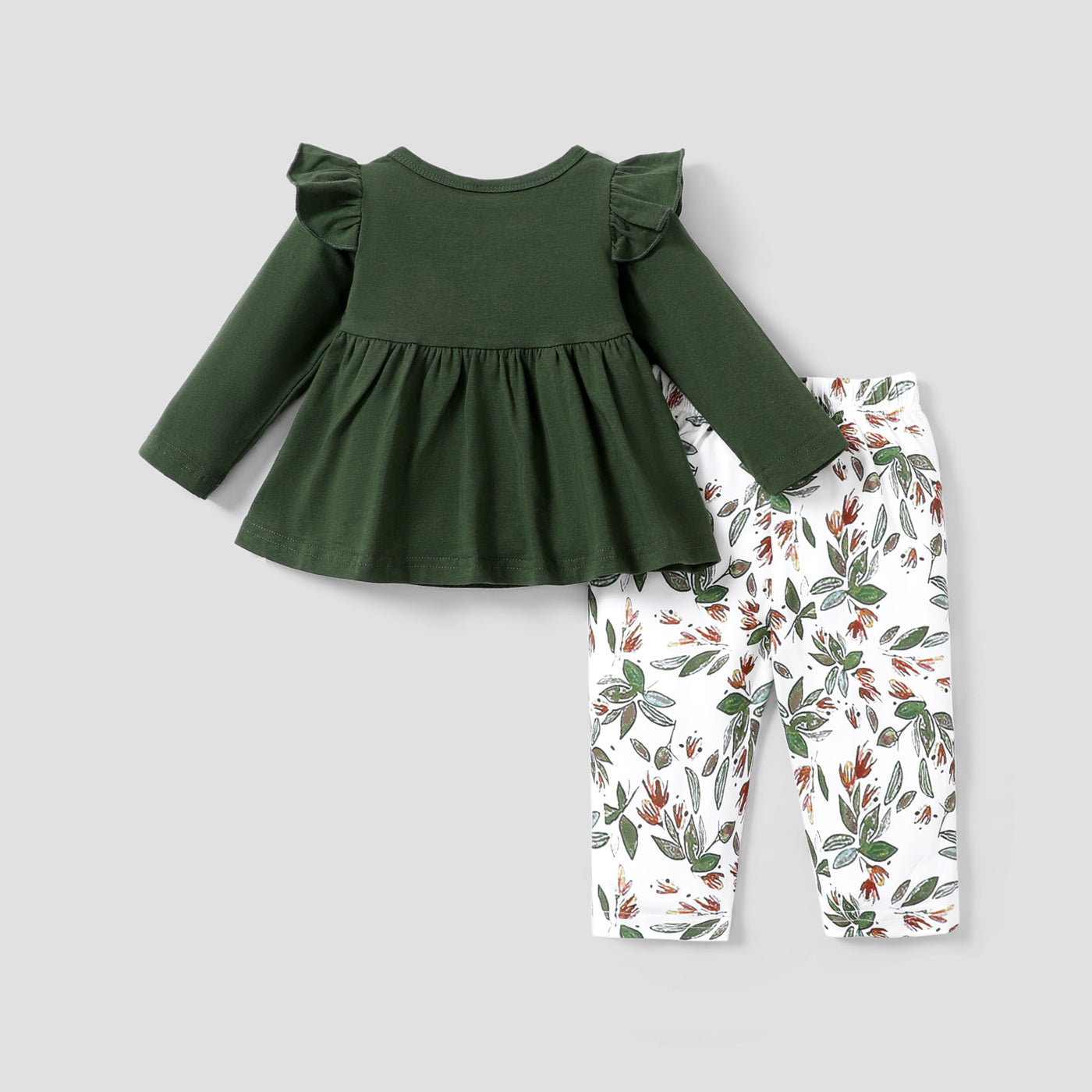 2pcs Baby Ruffle Long-sleeve Bowknot Top and All Over Leaves Print Trousers Set