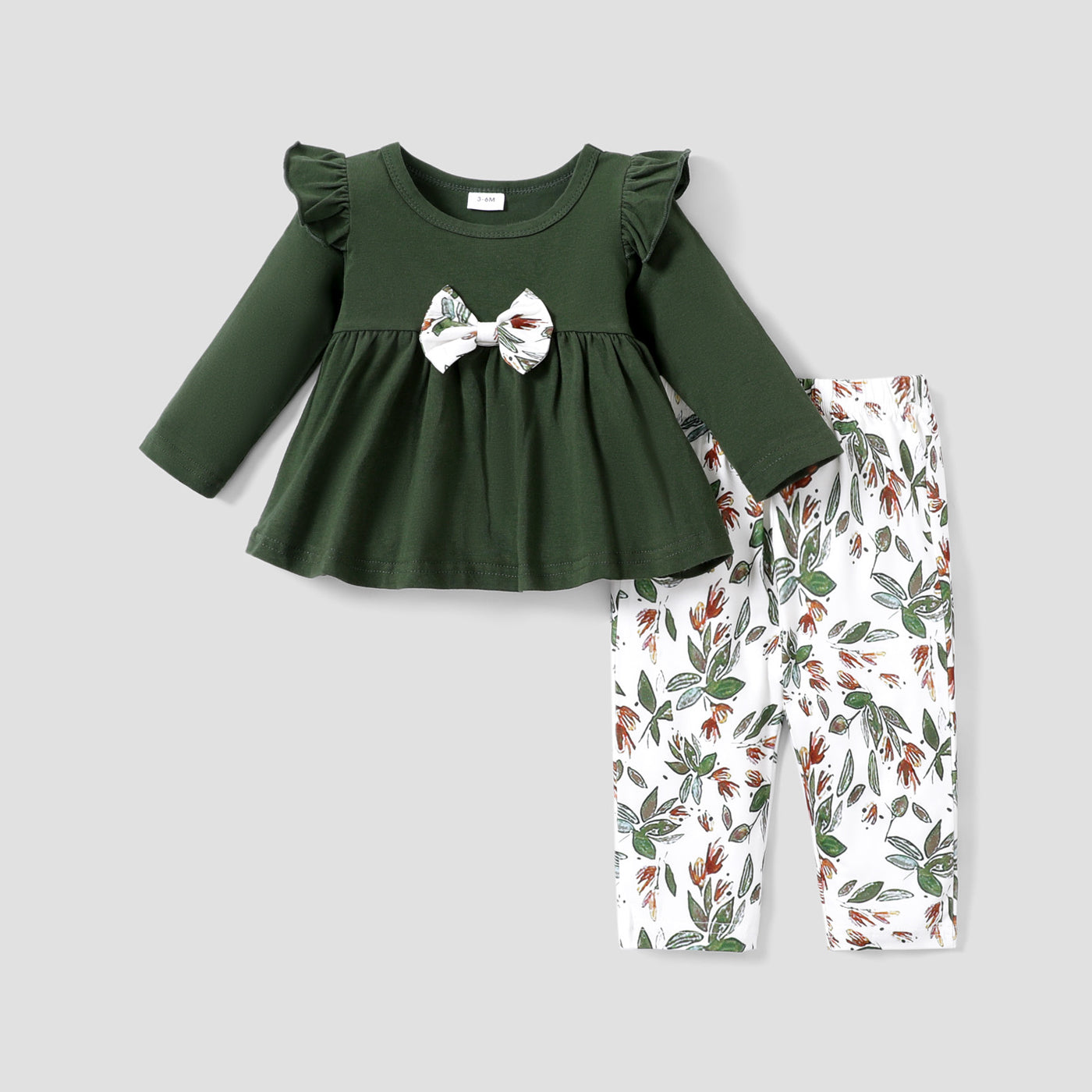 2pcs Baby Ruffle Long-sleeve Bowknot Top and All Over Leaves Print Trousers Set