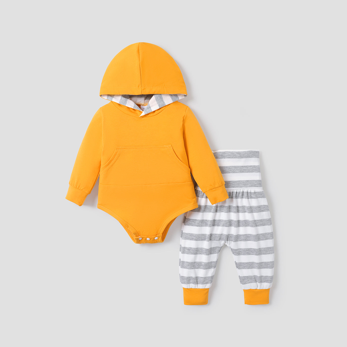 Ensemble barboteuse à capuche et pantalon à rayures, couleur unie, 2 pièces, manches longues, pour bébé 