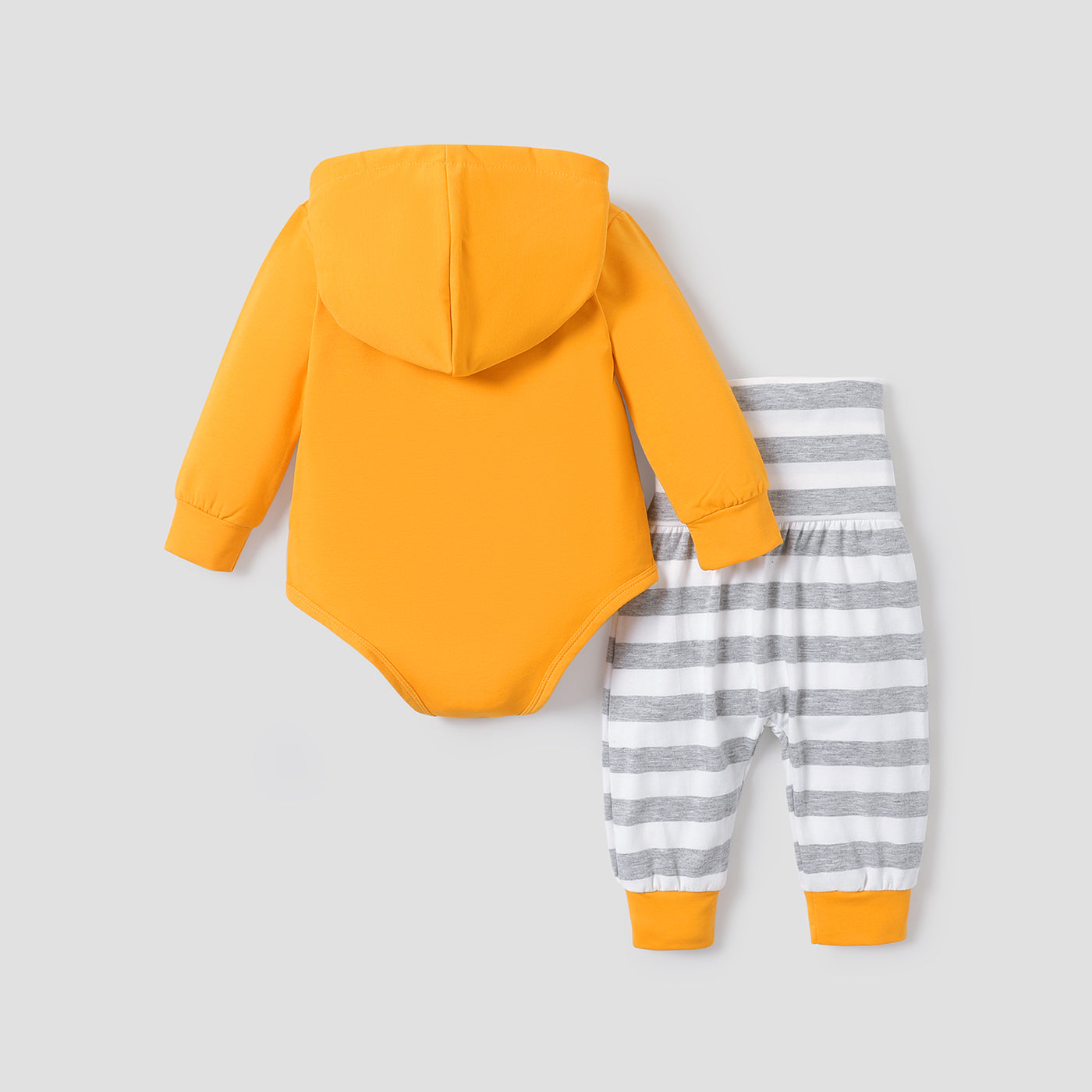 2pcs Solid Long-sleeve Hooded Romper and Stripe Trouser Baby Set