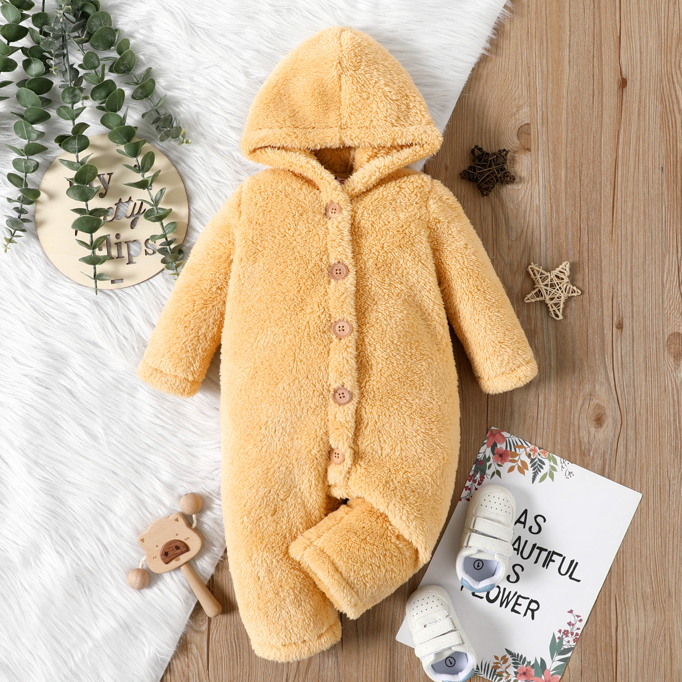 Baby Girl/Boy Solid Thickened Fuzzy Fleece Long-sleeve Hooded Jumpsuit